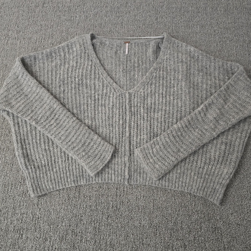 Free People M Oversize Sweater Alpaca Dolman Sleeves Moonbeam‎ V-Neck Gray